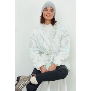 Blank NYC Perfect Day Puffer Coat Watercolor Print Belted Two Snap Button